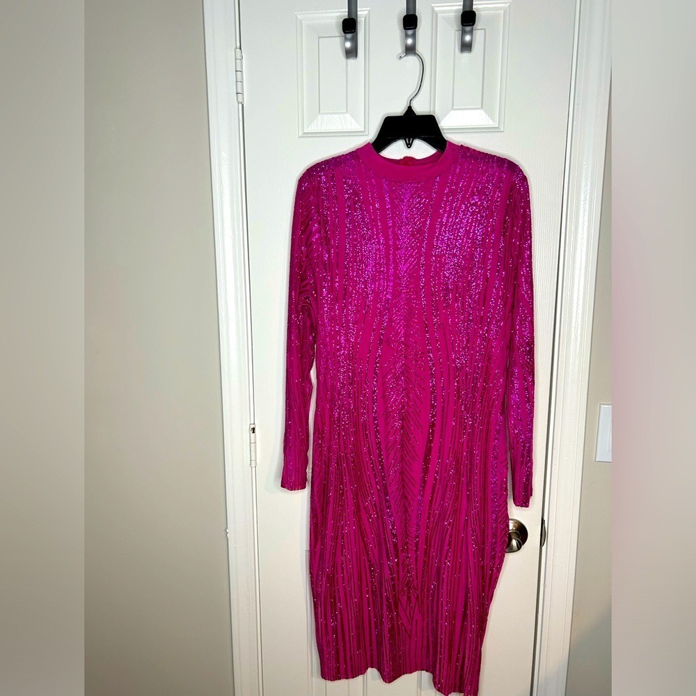 Sexy party birthday club pink glitter see through midi dress - Picture 3 of 14